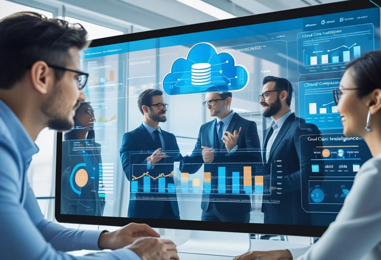 A group of business professionals collaborating around digital screens showing cloud computing data and cost analytics in a modern office.