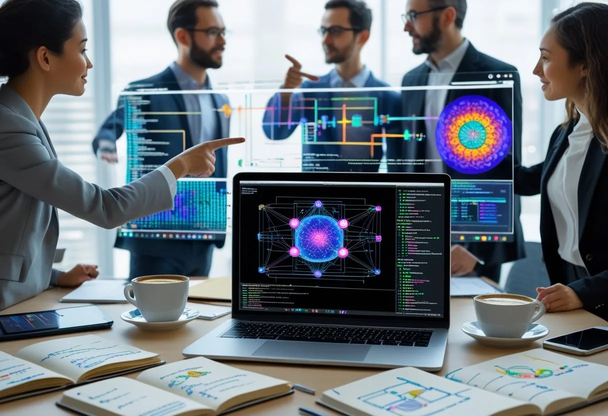 A group of professionals working together around a laptop and a large digital screen displaying AI data and diagrams in a modern office.