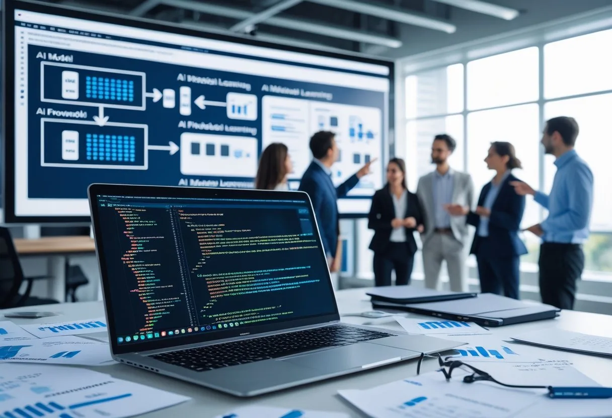 A modern workspace with a laptop showing AI code, surrounded by notes and diagrams, while a group of professionals discusses ideas in front of a digital whiteboard with charts and data.