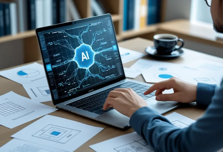 A person interacting with a laptop showing abstract AI graphics, surrounded by notes and diagrams on a desk in a modern workspace.