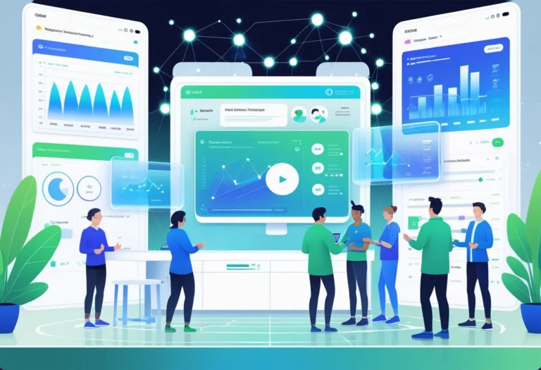 A futuristic control center with people interacting with holographic screens showing video calls and data streams, illustrating real-time communication and collaboration.