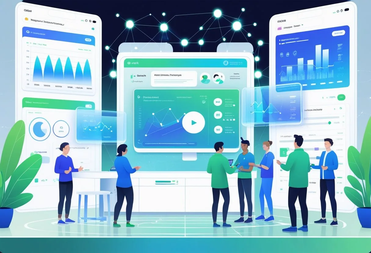 A futuristic control center with people interacting with holographic screens showing video calls and data streams, illustrating real-time communication and collaboration.