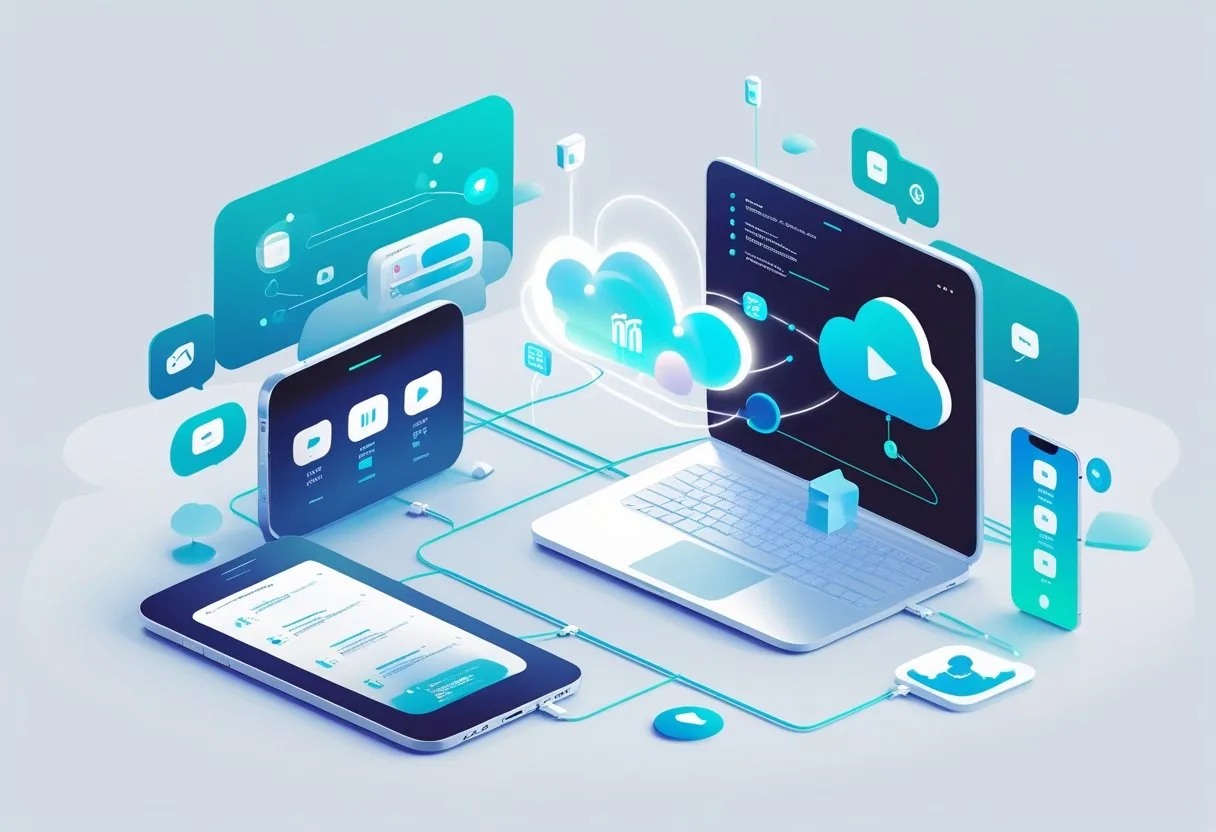 Illustration showing multiple digital devices connected through glowing lines to a central server icon, representing real-time communication and app connectivity.