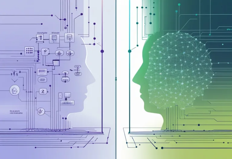 An illustration showing two contrasting systems side by side: one with organized symbols and flowcharts, and the other with glowing neural network nodes connected by lines, separated by a dividing element symbolizing choice.