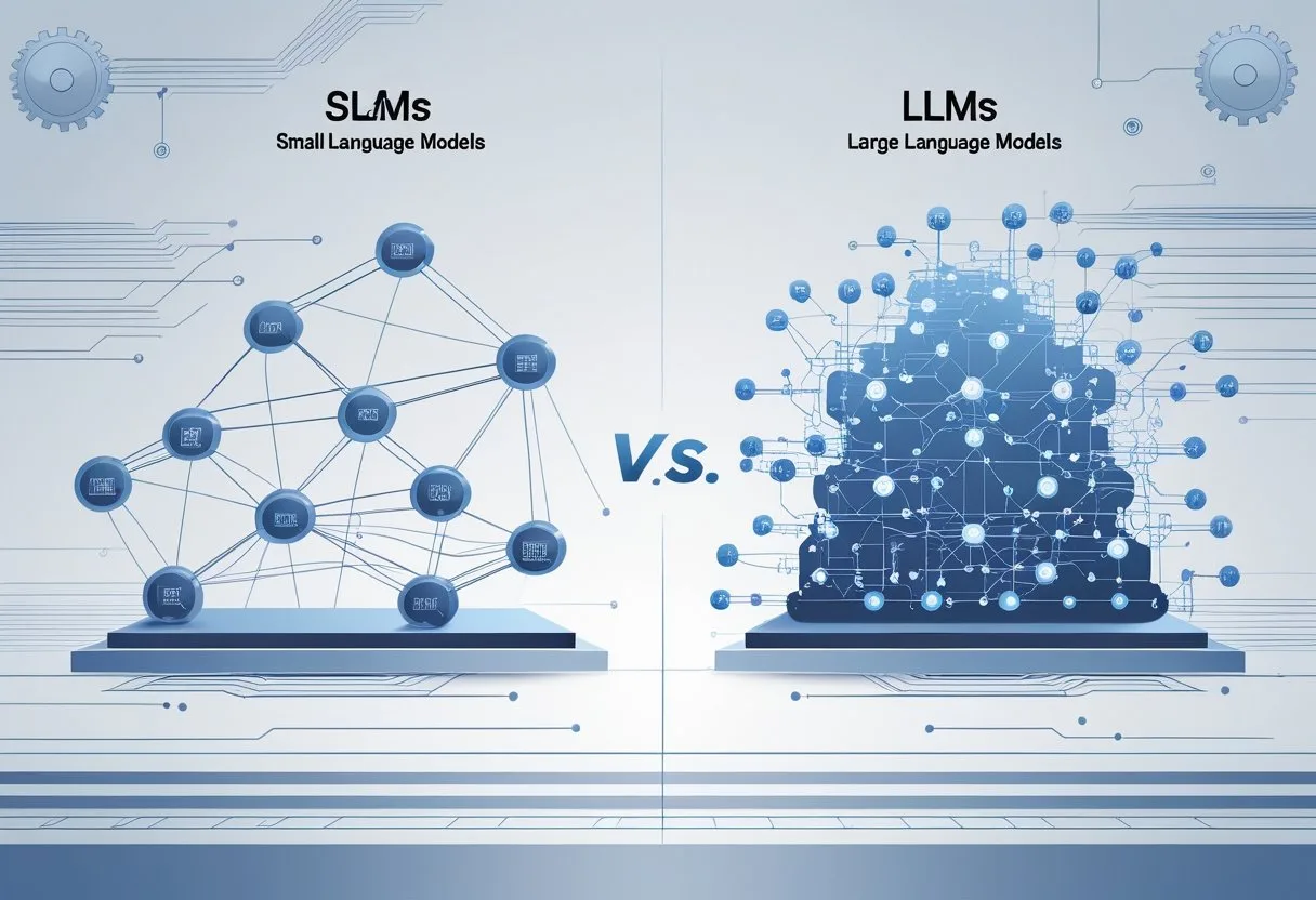 A split illustration showing a smaller, simpler neural network on the left and a larger, more complex neural network on the right, connected by flowing data streams and technical elements.