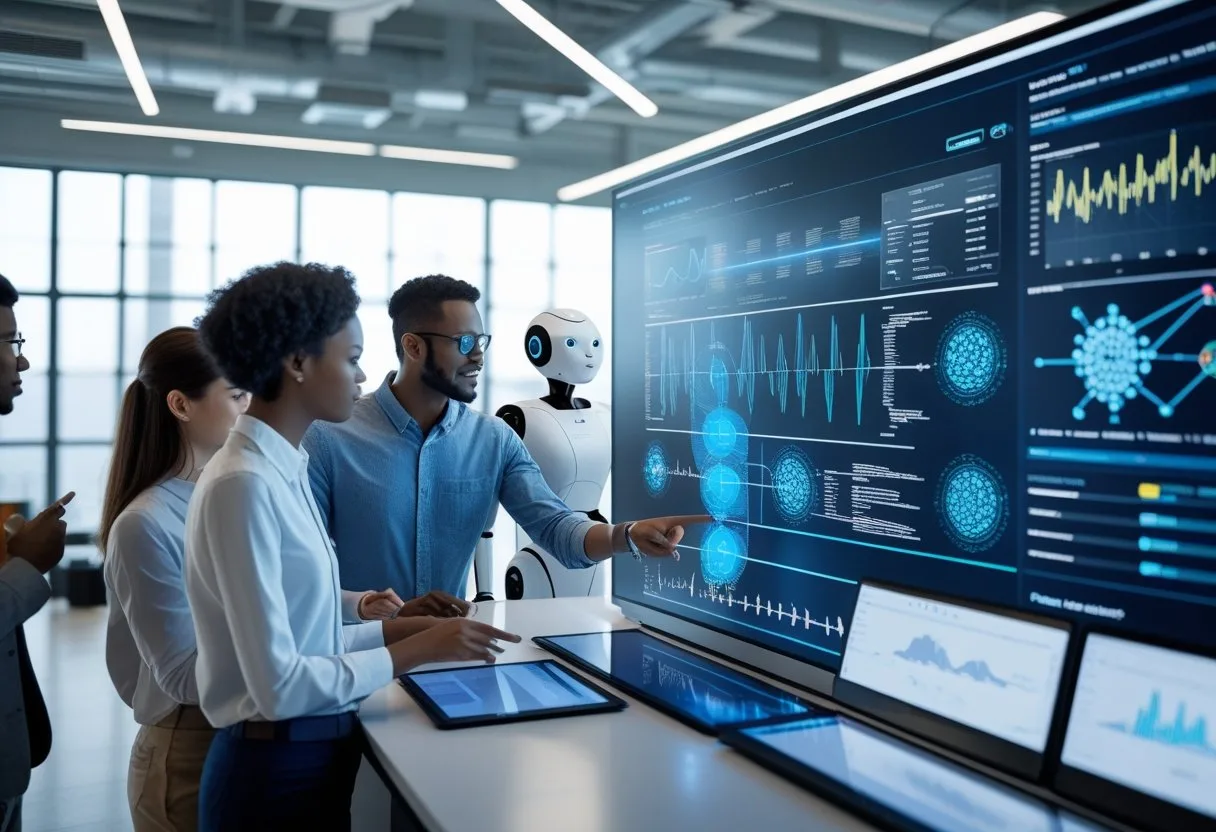 A diverse group of people collaborating around a touchscreen table displaying AI data, with a robot assistant nearby in a modern office.