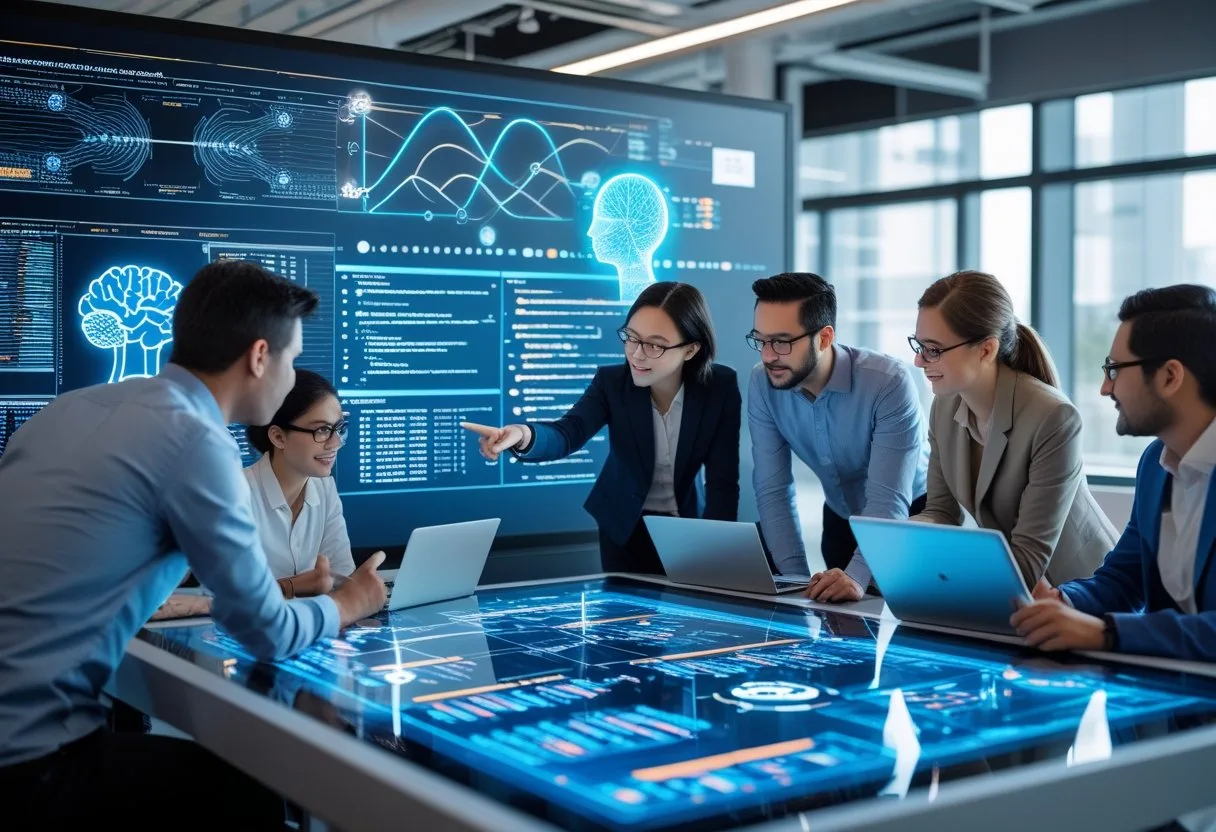 A group of people collaborating around a digital touchscreen table displaying AI data and diagrams in a modern office.