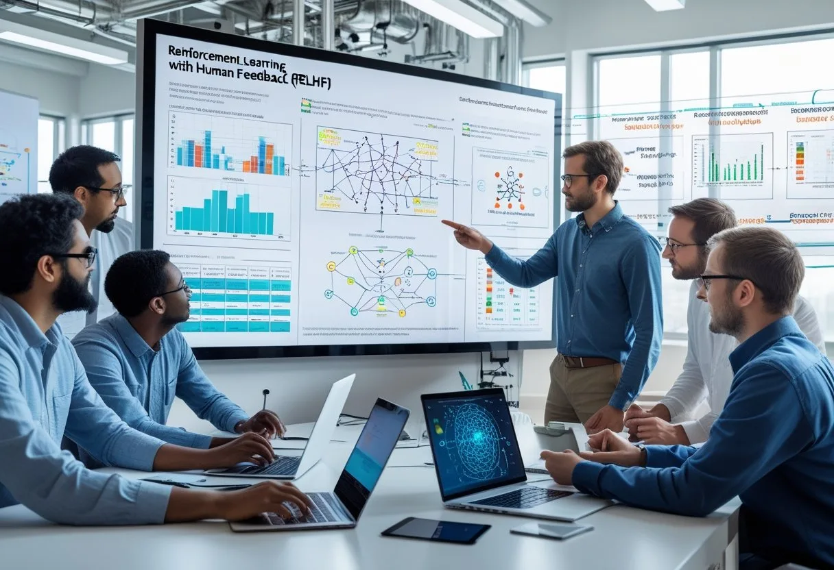 A group of professionals collaborating around a large touchscreen displaying AI data and diagrams in a modern office.