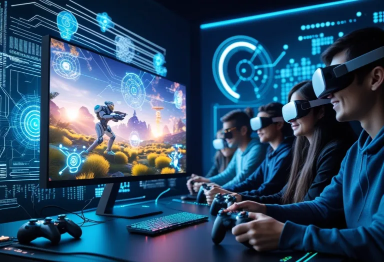 A group of diverse gamers playing a futuristic video game with holographic AI elements surrounding the screen, illustrating AI's impact on gaming.