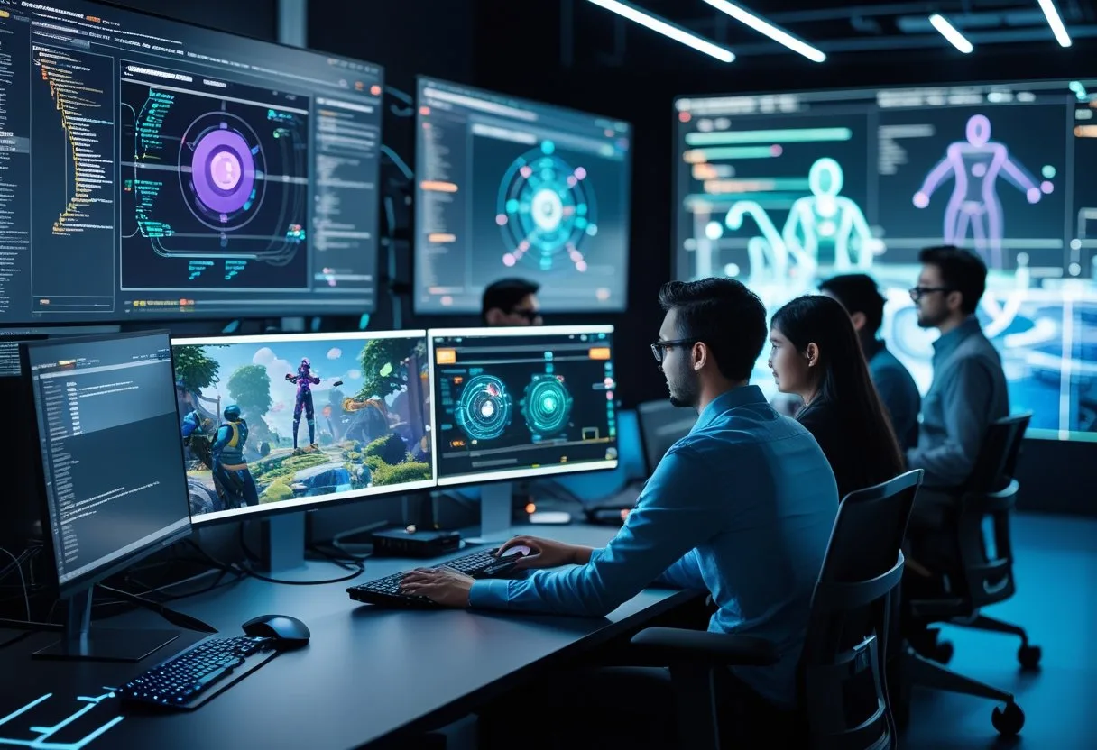 A team of developers working together at computers with 3D game characters and AI visualizations in a modern workspace.