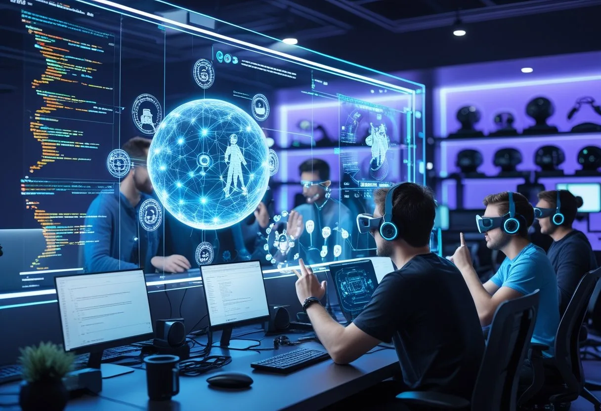 A group of game developers working together around a digital screen with holographic 3D game models and AI visuals in a modern tech workspace.