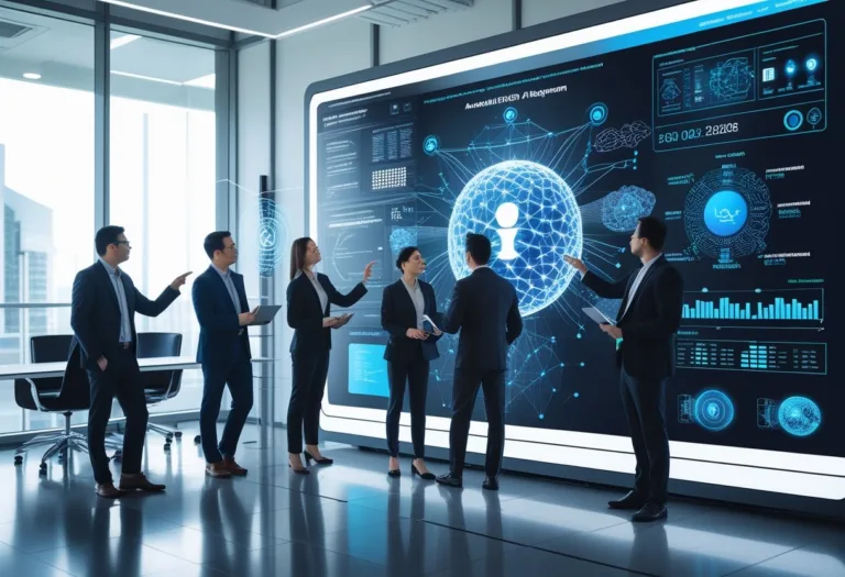 A group of professionals collaborating around a digital screen displaying AI data and diagrams in a modern office.