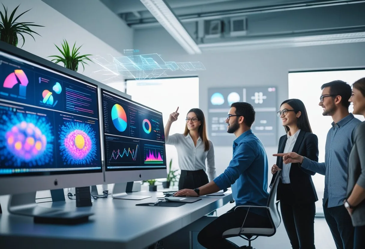 A modern office with professionals collaborating around a computer displaying colorful 3D graphics and data visualizations.