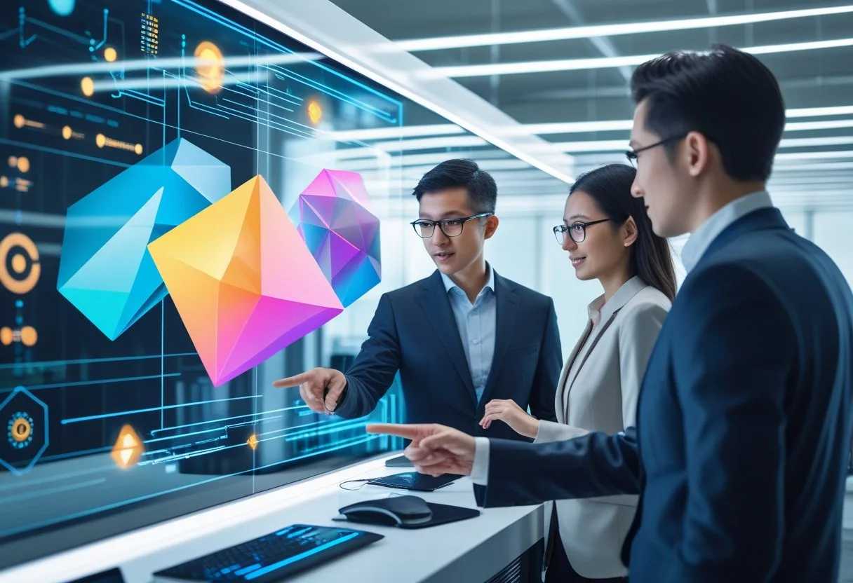 A group of professionals interacting with a large digital screen displaying colorful 3D graphics in a modern office.