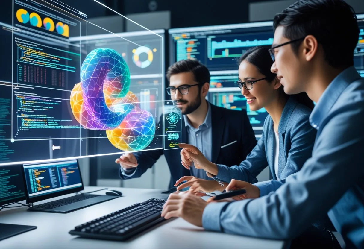 A group of professionals working with a large transparent digital screen showing 3D graphics and technical diagrams related to web graphics technology in a modern workspace.