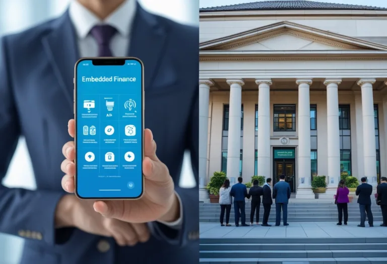 A split scene showing a business professional holding a smartphone displaying digital finance icons on one side and a traditional bank building with customers outside on the other side.