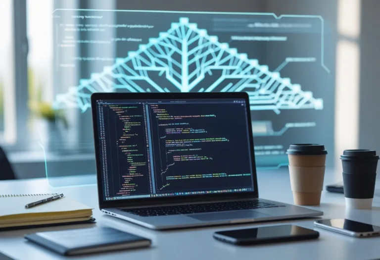 A laptop on a desk showing colorful code with a digital tree structure overlay, surrounded by coding tools and a coffee cup in a bright workspace.
