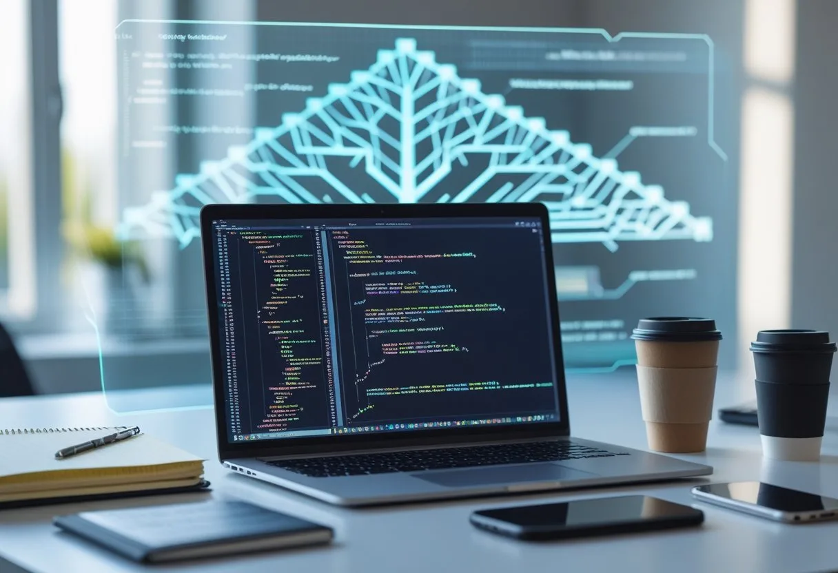 A laptop on a desk showing colorful code with a digital tree structure overlay, surrounded by coding tools and a coffee cup in a bright workspace.