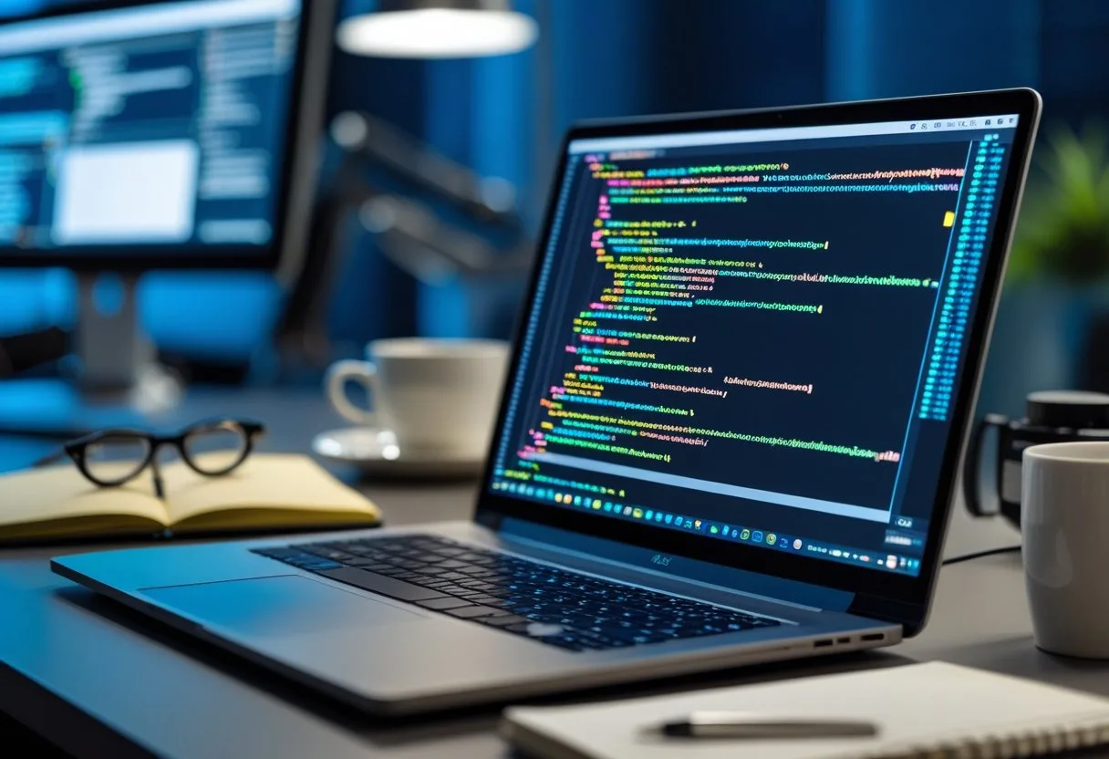 A laptop on a desk showing colorful highlighted code with coding accessories around it in a workspace.