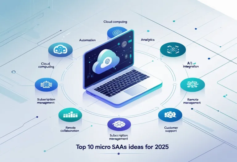 A digital workspace showing a laptop surrounded by ten icons representing different micro SaaS ideas for 2025, set against a tech-inspired background.