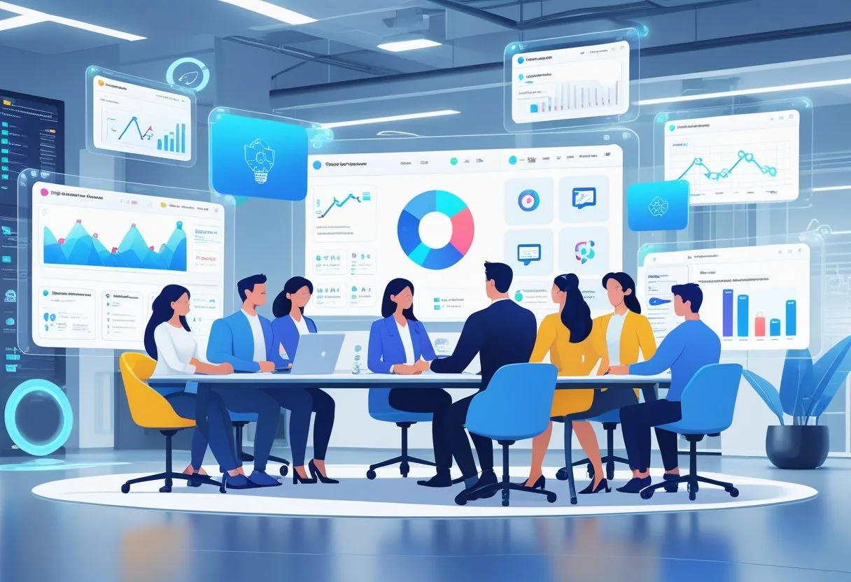 A group of professionals collaborating around a table with floating digital screens showing software dashboards and app icons in a bright, futuristic office.