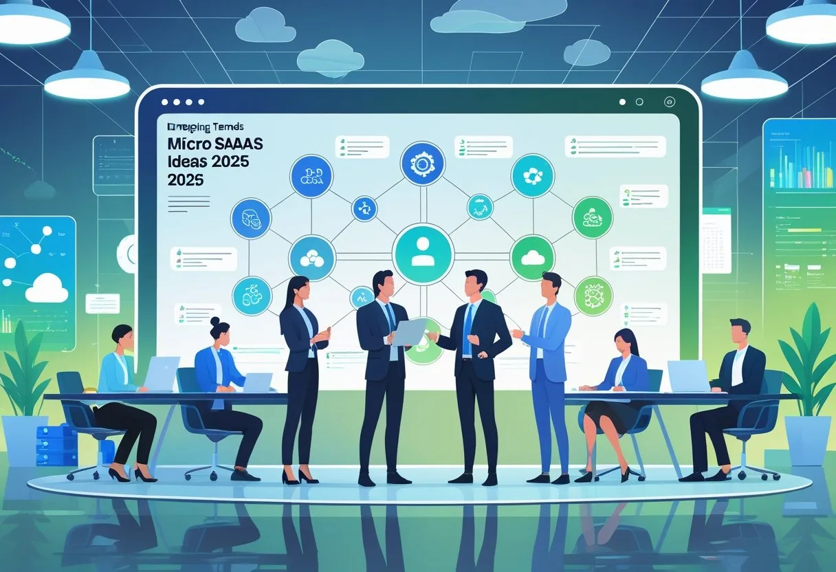 A group of professionals collaborating around a large digital display showing interconnected icons representing different Micro SaaS applications in a modern office setting.