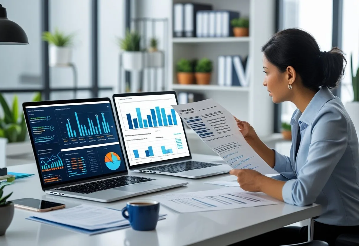 Two business professionals discussing SEO strategies with one using a laptop showing data and the other reviewing printed documents in a modern office.