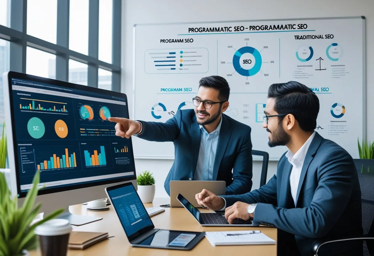 Two marketing professionals discussing SEO data on computer screens in a modern office with charts and a whiteboard in the background.