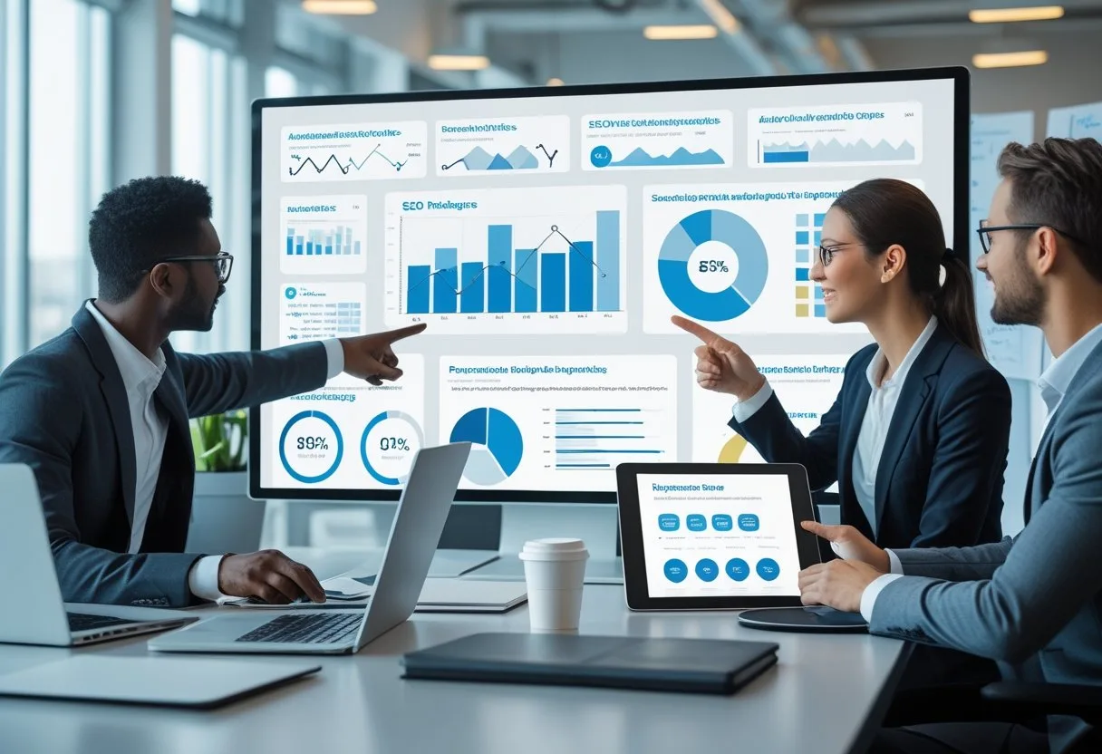 Two business professionals discussing SEO strategies in an office, with one pointing at a digital screen showing SEO data and the other holding a tablet with automated SEO visuals.