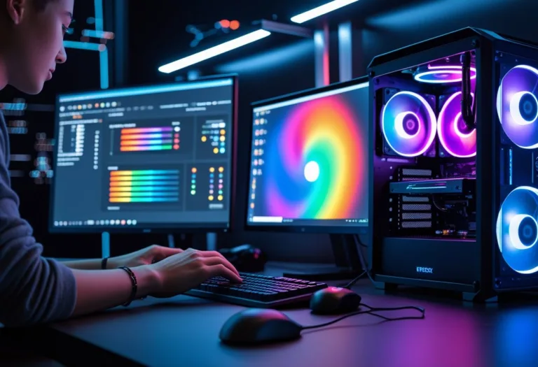 A person customizing RGB lighting on a high-end computer setup with glowing lights and a software interface on the monitor.