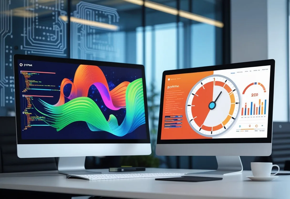 A modern workspace with two computer screens side by side showing abstract digital designs representing pnpm and npm package managers, with a digital stopwatch between them.
