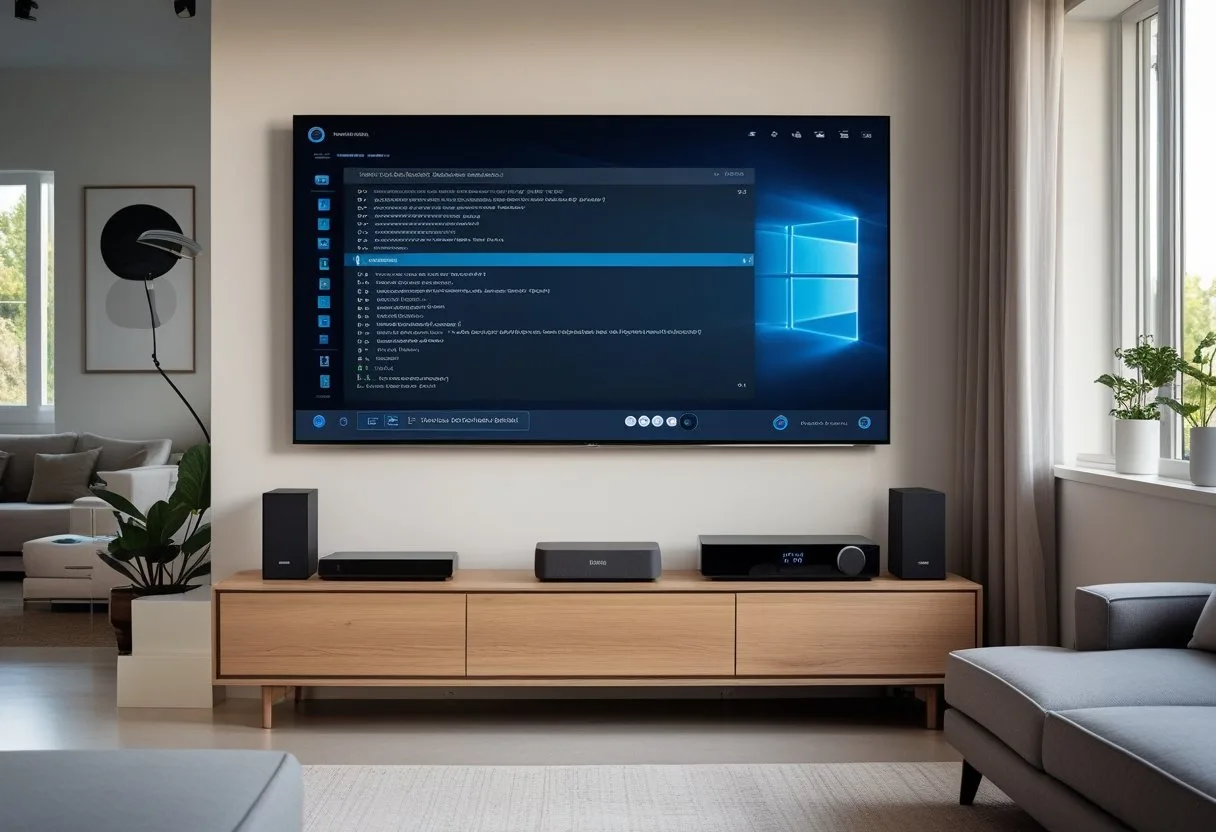 A modern living room with a large flat-screen TV showing a media server interface, a sofa, and a wooden media console with electronic devices.