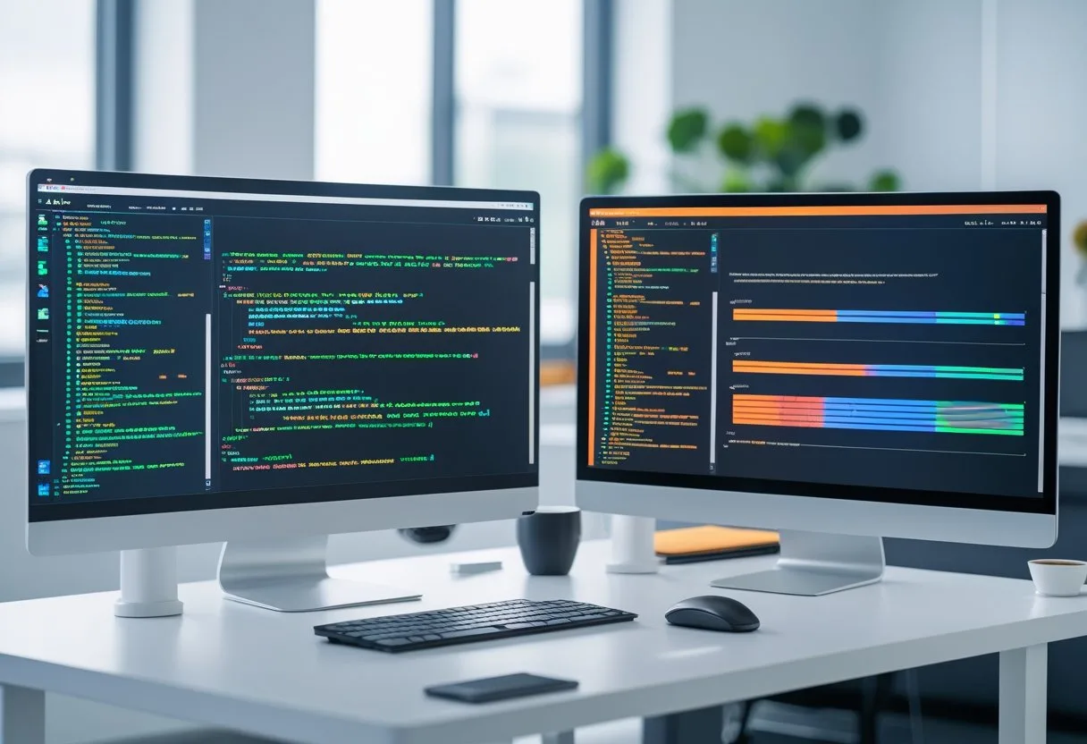 Two computer monitors side by side on a desk showing progress bars representing software installation speeds, with one screen indicating faster progress than the other.