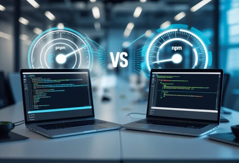 Two laptops on a desk displaying code editors with terminal windows open, surrounded by digital graphics representing speed and data flow in a tech office setting.