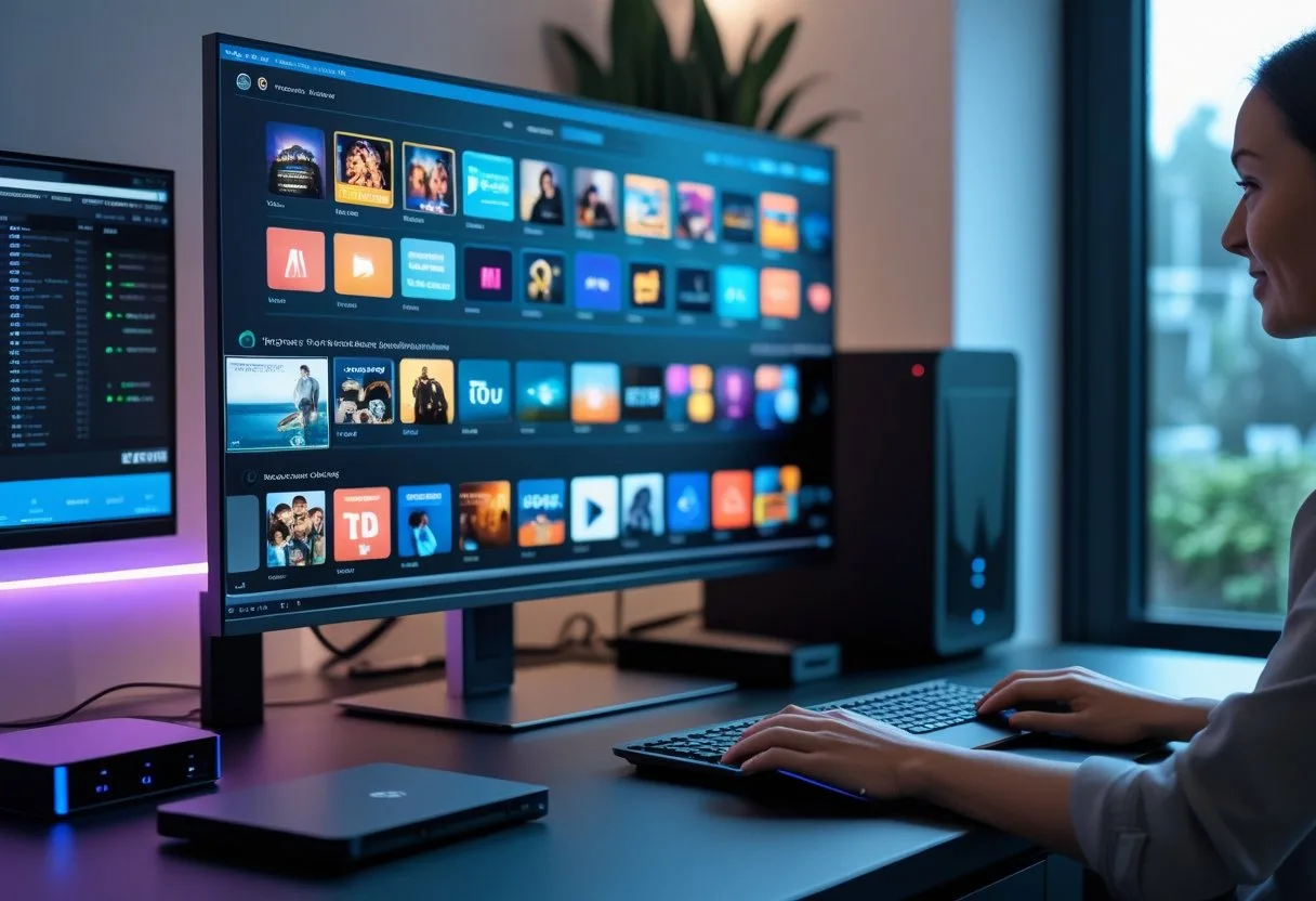 Person using a computer displaying a colorful media library interface in a modern home office with tech equipment nearby.