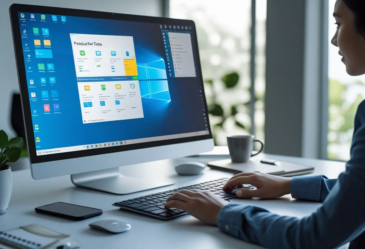 A person typing on a keyboard at a modern desk with a computer displaying multiple open windows and productivity tools.