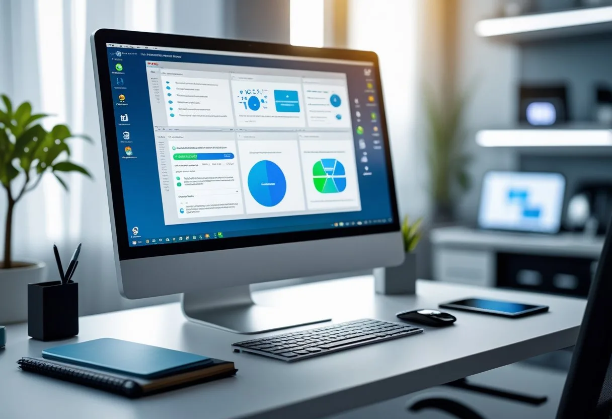 A modern workspace with a desktop computer showing multiple open windows, surrounded by office supplies on a clean desk.