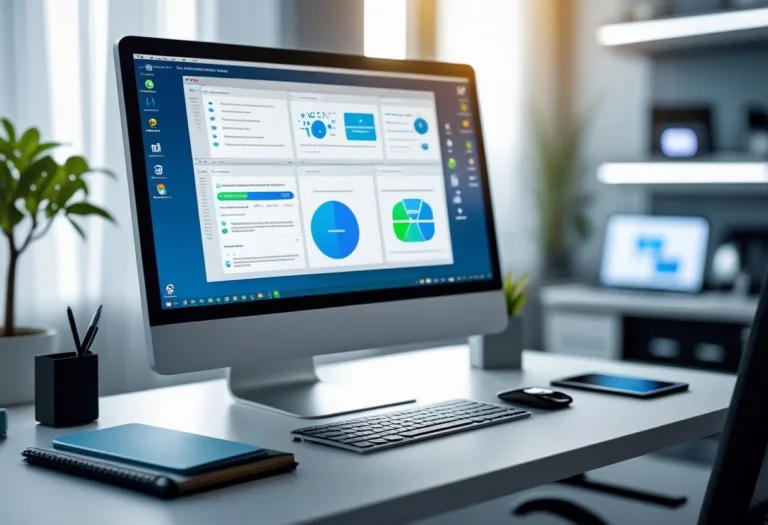 A modern workspace with a desktop computer showing multiple open windows, surrounded by office supplies on a clean desk.