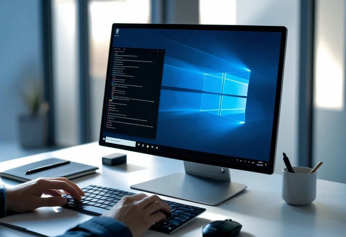 A person working at a computer with Windows desktop open, setting up software in a clean office workspace.