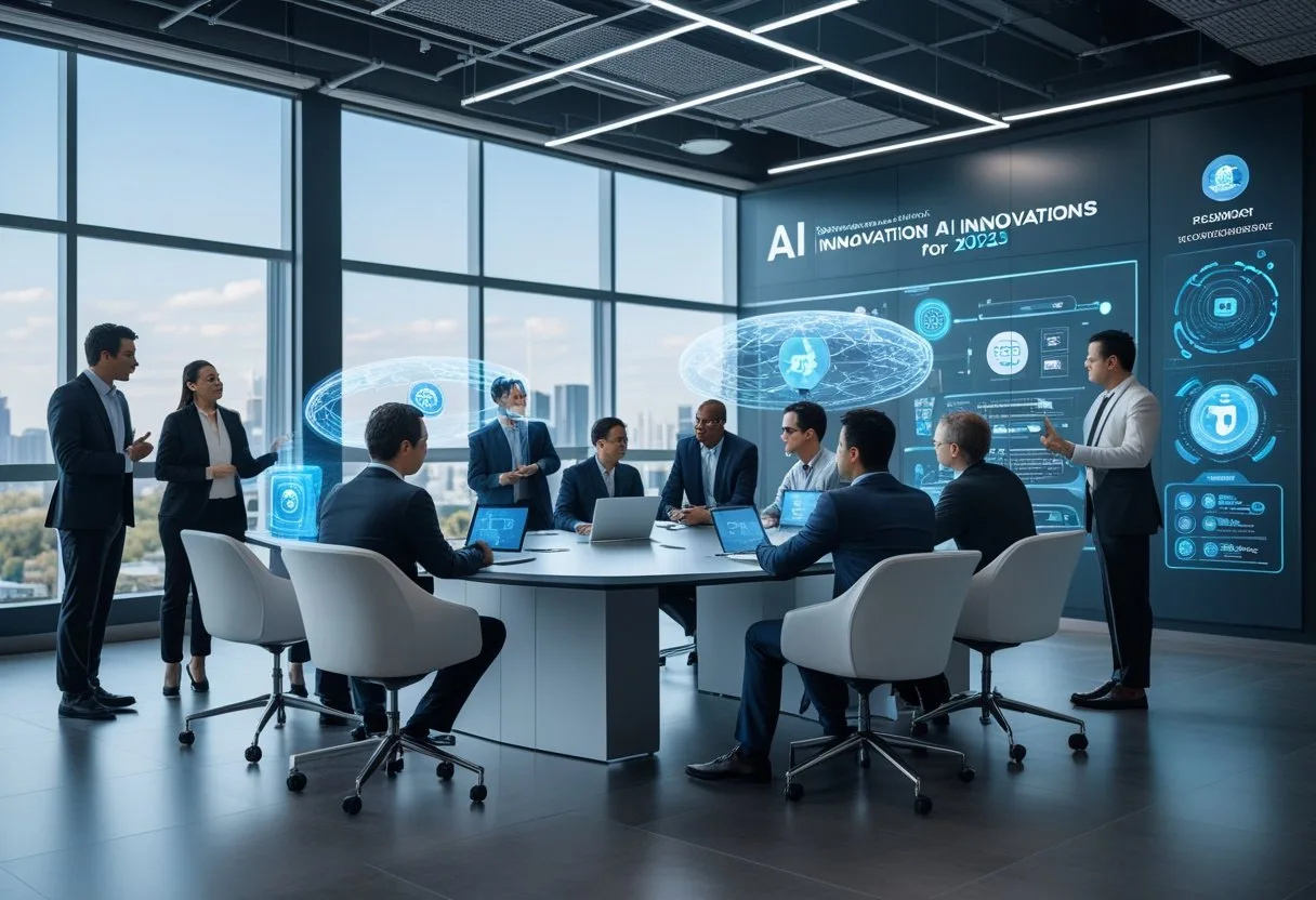 A group of technology leaders in a modern office collaborating around a table with futuristic digital displays showing AI concepts.