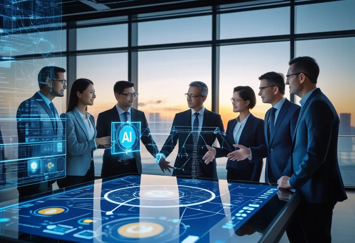 A group of professionals discussing AI technology around a digital touchscreen table in a modern office with a city view at dawn.