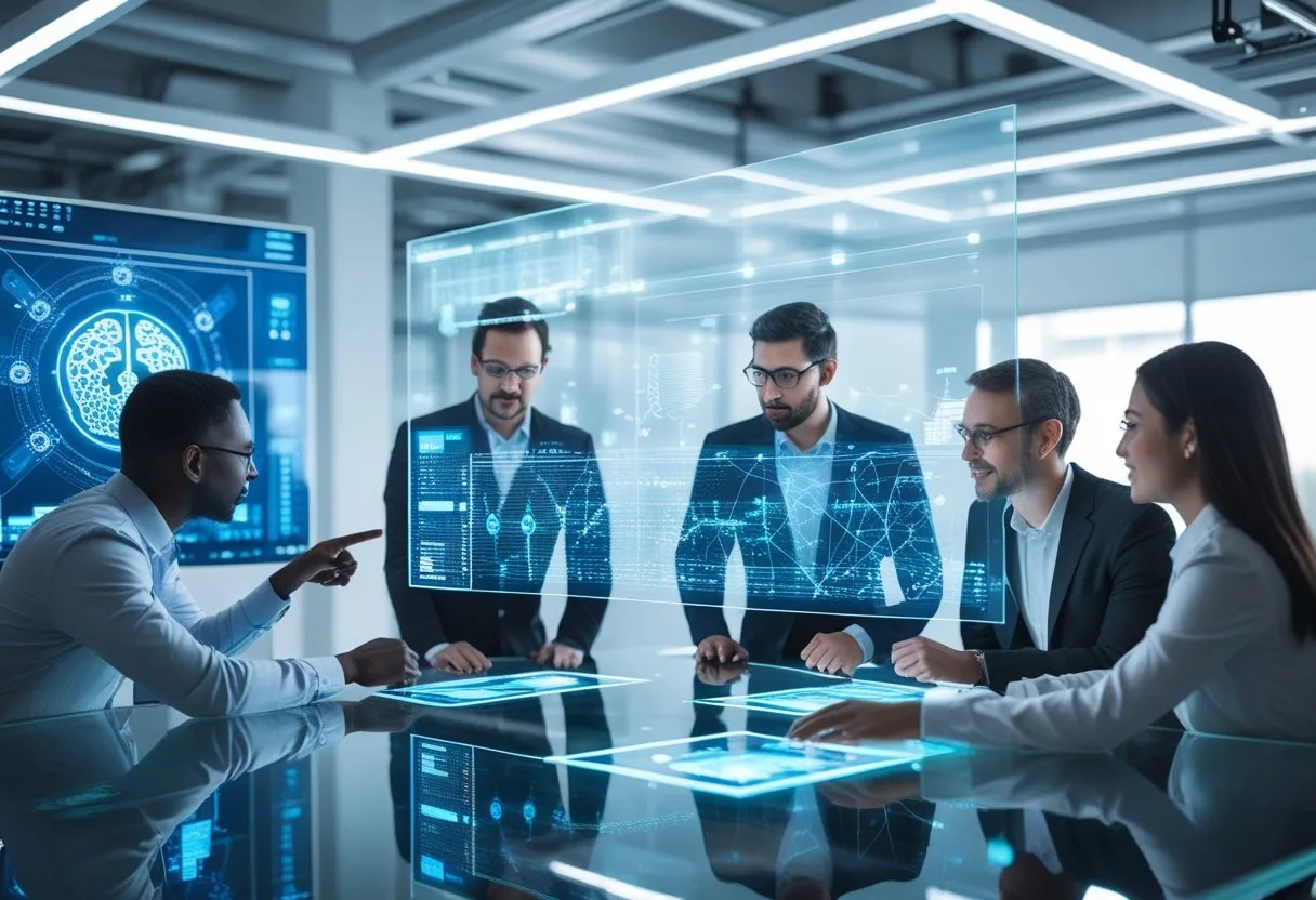 A group of professionals collaborating around a table with digital screens showing AI and machine learning data in a modern office.