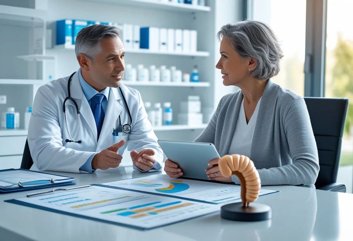 Doctor consulting with a patient in a bright medical office with medical charts and a digital tablet on the desk.