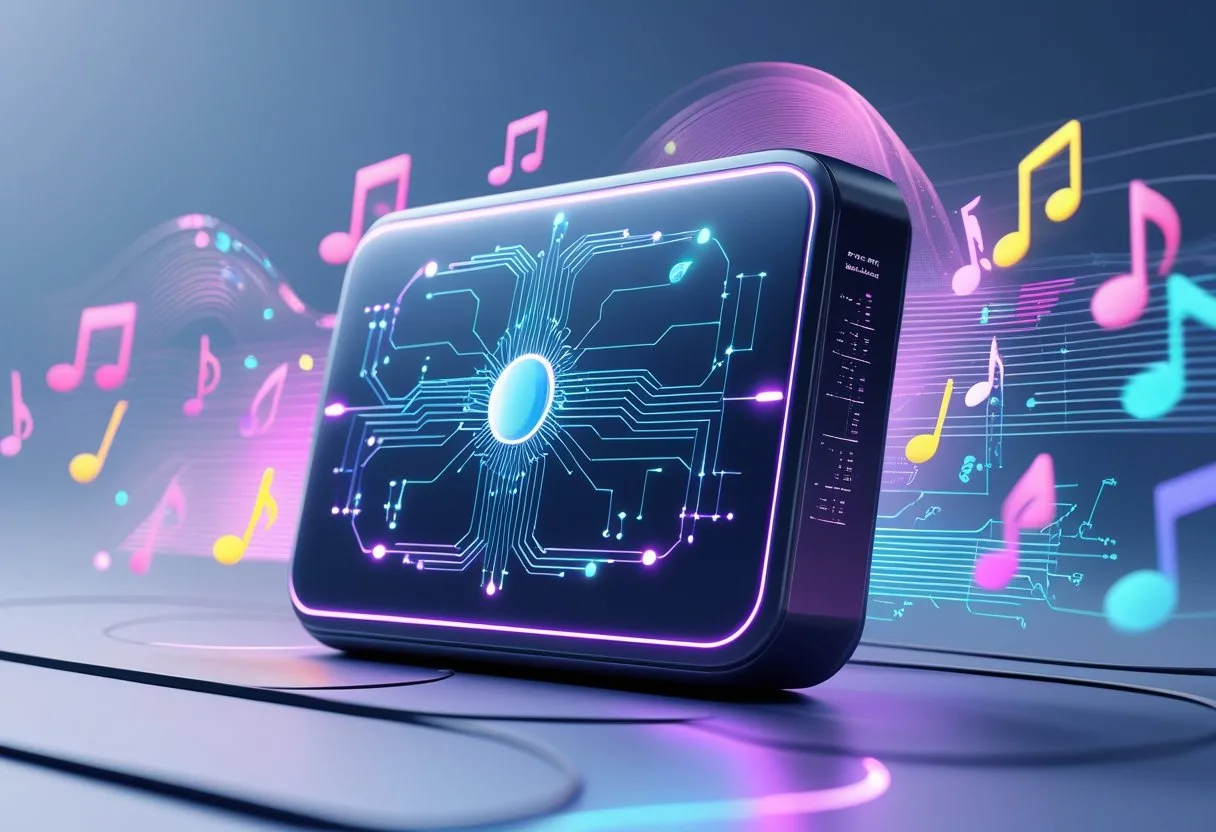 A futuristic digital device surrounded by floating musical notes and waveforms, representing AI-generated music.