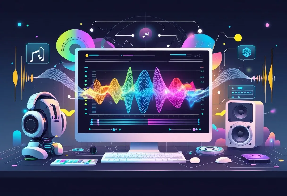 A digital workspace showing a computer interface with sound waves, musical notes, and AI patterns, surrounded by robotic hands, audio equipment, and abstract technology symbols.
