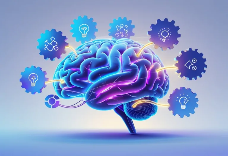 A glowing brain with connected thought bubbles and gears illustrating step-by-step logical thinking.