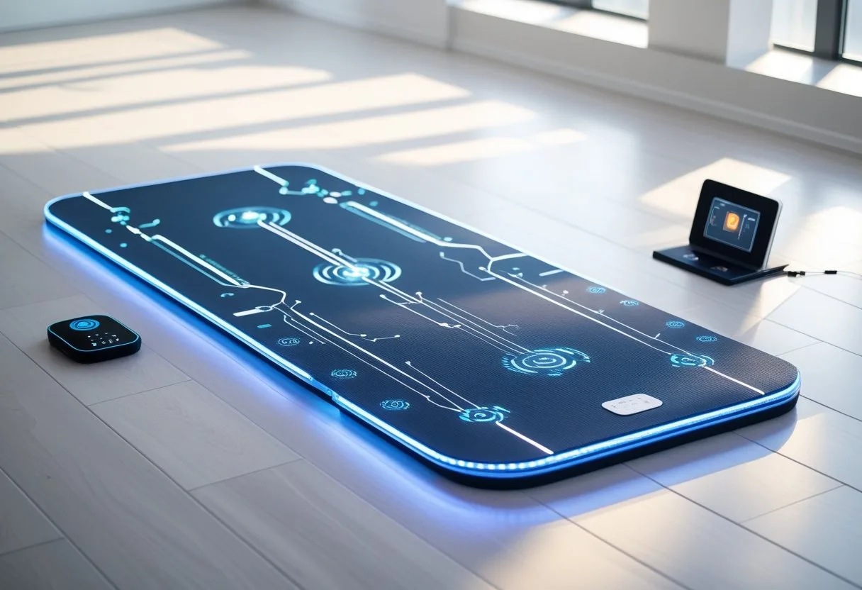 A futuristic yoga mat with glowing circuit patterns on a wooden floor in a bright studio.