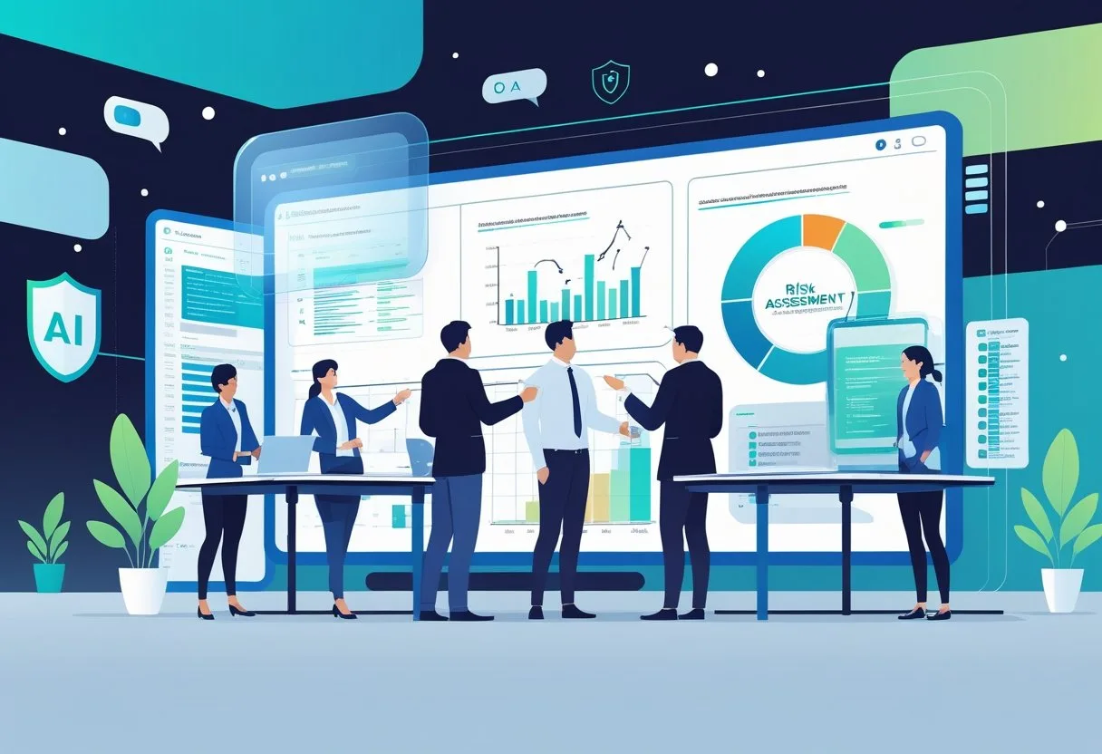 A group of professionals collaborating around digital screens displaying data and AI algorithms in a modern office setting.