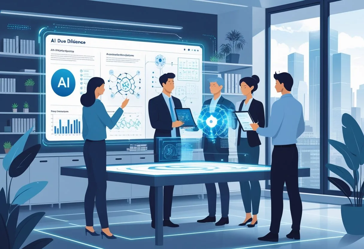 A group of professionals collaborating around a digital table displaying AI data and diagrams in a modern office setting.