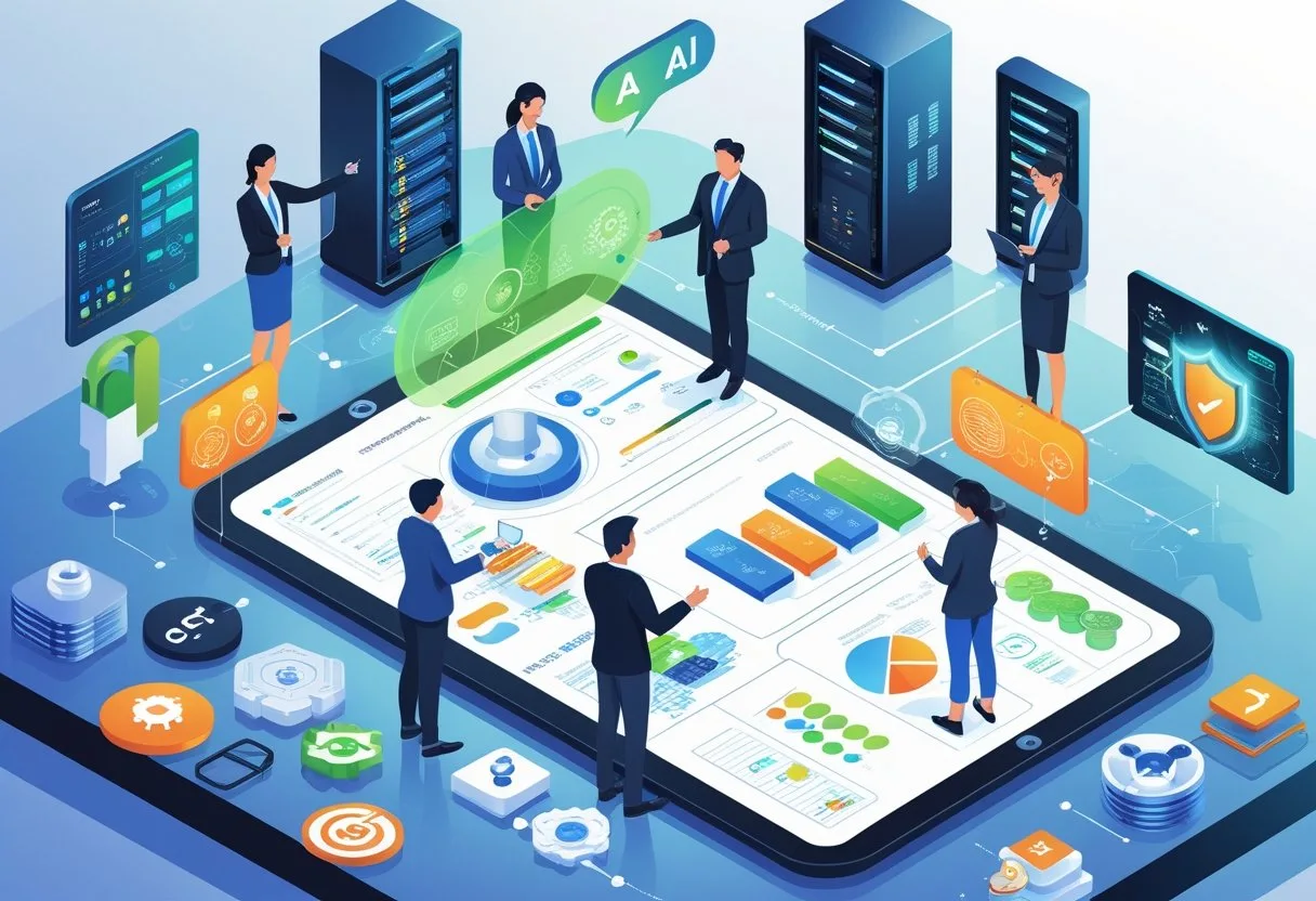 Business professionals collaborating around a digital table with data visualizations and AI technology elements in a modern office setting.